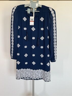 Michael Kors Navy Dress with White Embroidery Tassel Dress Boho Tunic Style